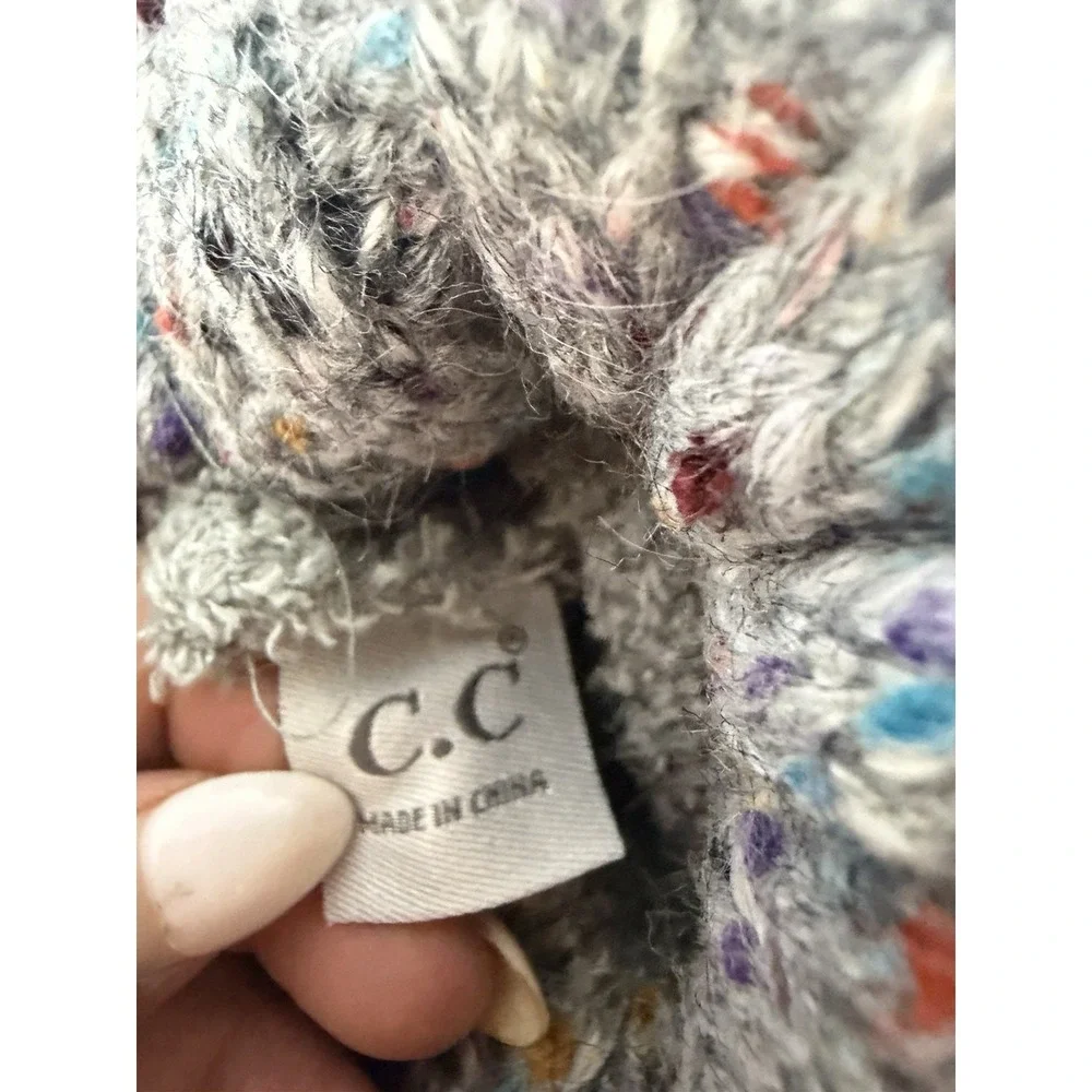 C.C Confetti Knit Beanie Hat Faux Fur Pom Pom Fuzzy Lined Gray One Size NWT